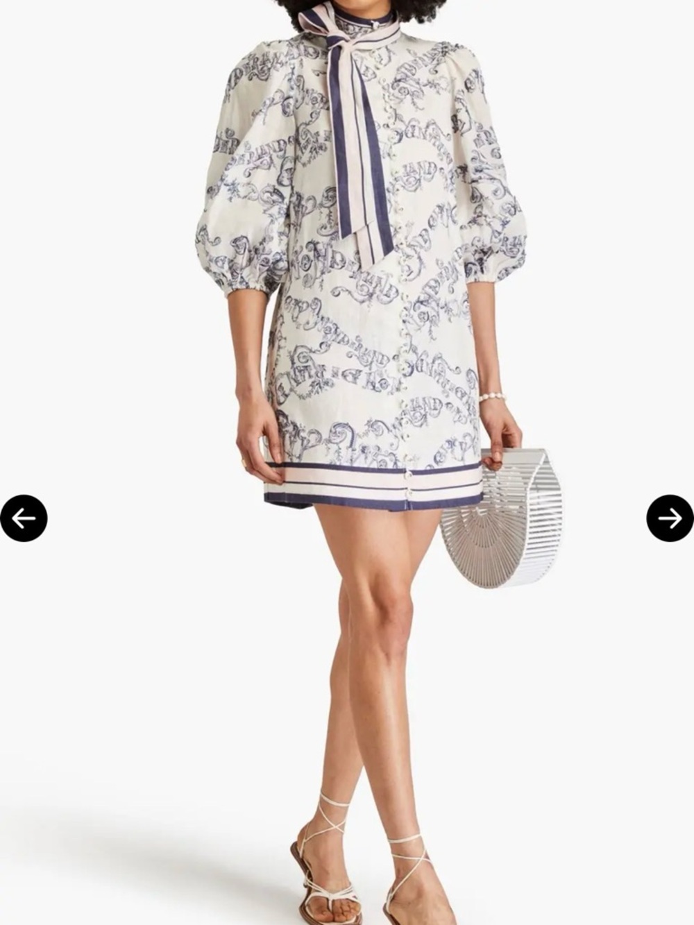 Zimmermann Cream Mini Dress with Navy Scroll Print and Striped Tie-Neck - Picture 2 of 11